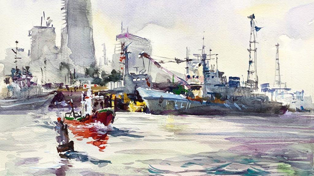 Healing Watercolor Art  |  Landscape of Yokohama Port |  Shibasaki