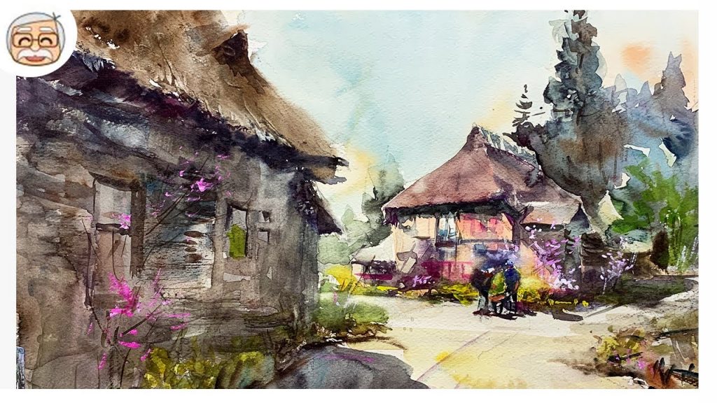 Healing Watercolor Art | Landscape of Farmer’s Village  | Spring | Shibasaki
