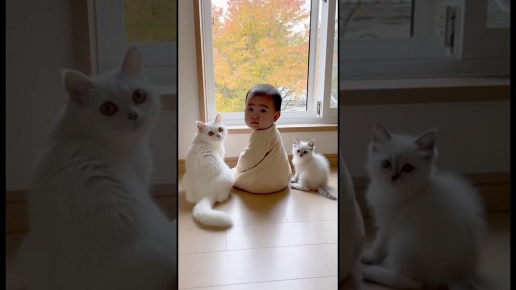 息ぴったり！同時に振り向く赤ちゃんと猫の親子🍼🐾