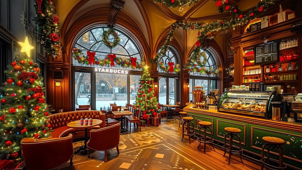 スターバックスのクリスマスジャズ音楽でリラックスする日曜日 – Starbucks Christmas Jazz Café Ambience ☕ 冬の癒し空間とホリデー気分🎄 スタバのクリスマスカフェ