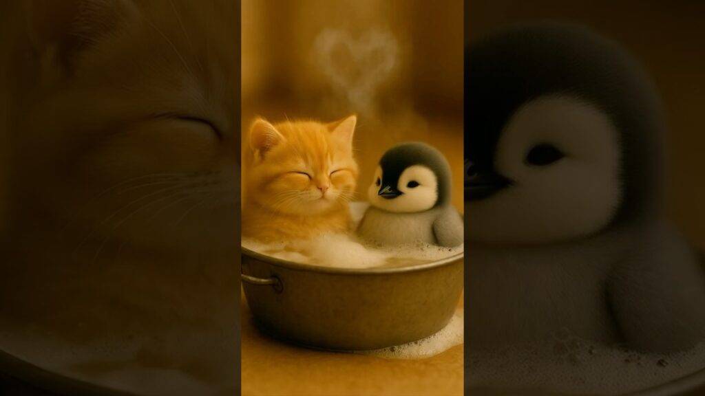 Soaking Together, Thinking About Nothing #kitten #penguin#癒し#かわいい動物#babyanimals#котенок #пингвиненок