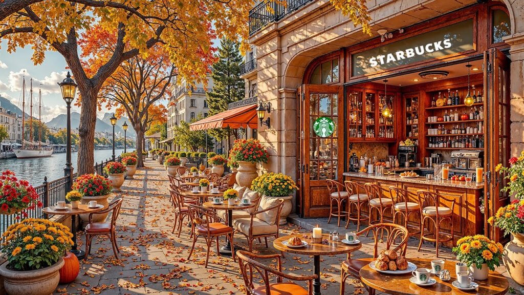 スターバックス秋カフェジャズBGM🍁 癒しのボサノバ＆サックスでリバーサイドの朝時間☕Morning Mood in Starbucks Coffee Shop 4K [作業用BGM・心が温まる音楽]