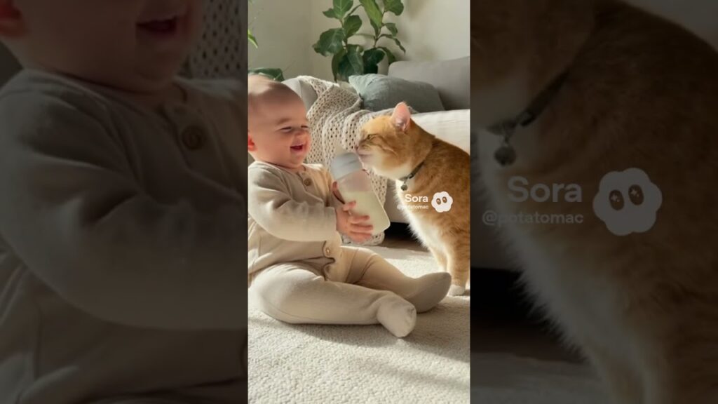 【sora2】ミルクを一緒に飲むふたり　#sora2#猫#赤ちゃん#癒し#動物#cat#baby#AI動画