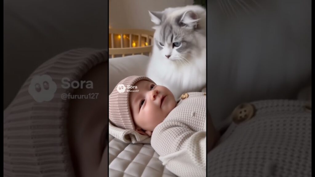 赤ちゃんをあやすモフモフの猫！