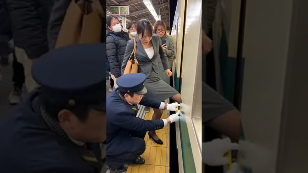 女性のストッキングが電車のドアに挟まり、親切な駅員さんが手助け。